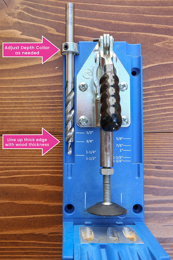 How to Use a Kreg Jig: Arrows showing where to set depth collar settings for a Kreg Jig drill bit