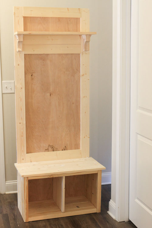 DIY hall tree built with shelf and corbels added