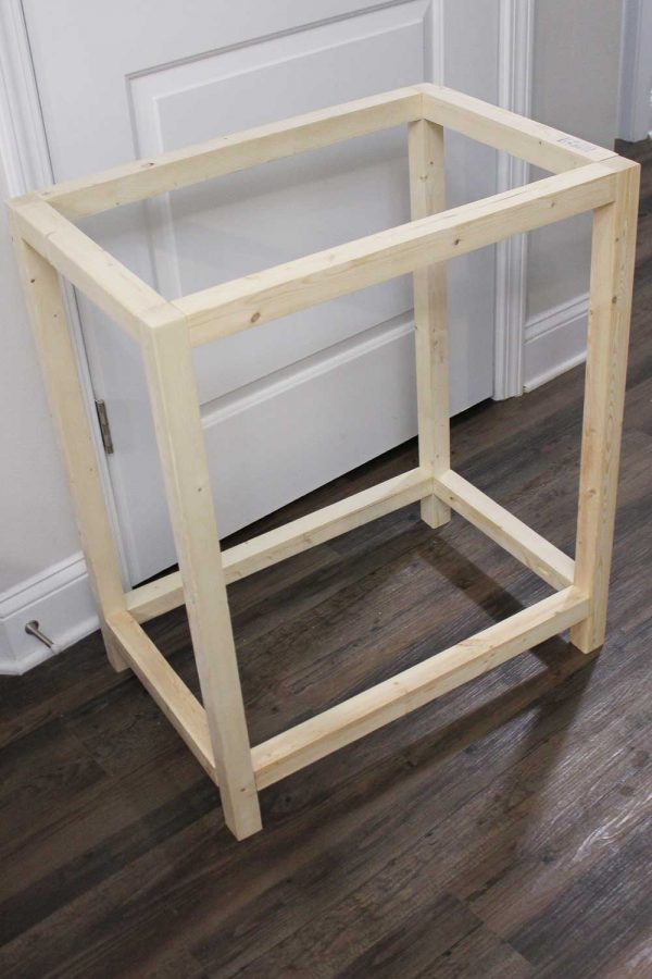 assembled bar cart frame out of 2x2 wood pieces