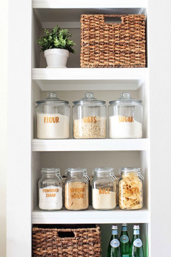 Open Pantry Shelving with pantry jars and baskets