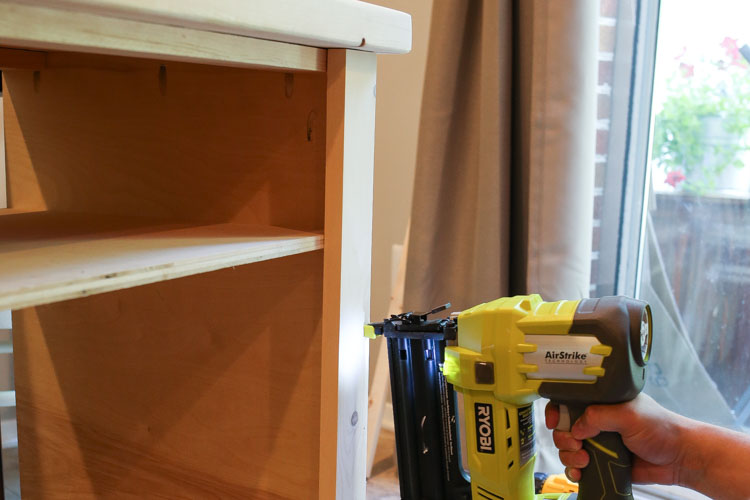 Attaching side trim to DIY TV stand with brad nailer
