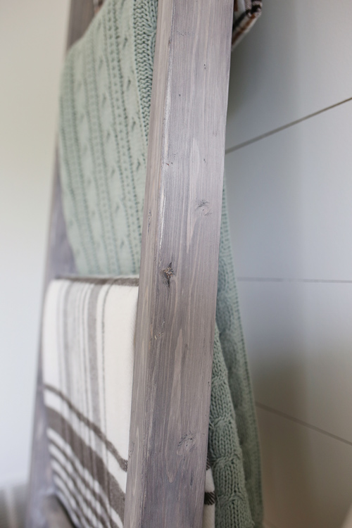 close up of weathered gray finish on DIY Blanket Ladder