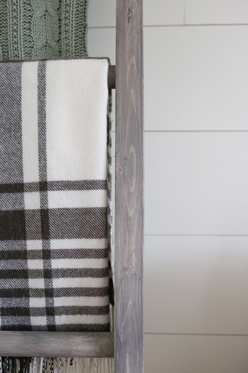 DIY blanket ladder with a weathered grey wash wood stain