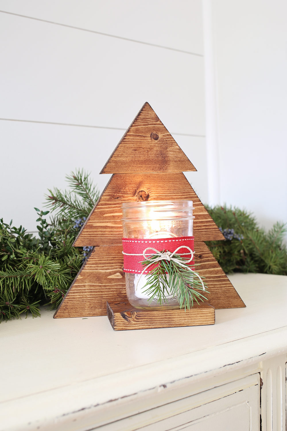 DIY Wooden Christmas Tree with Mason Jar Sconce