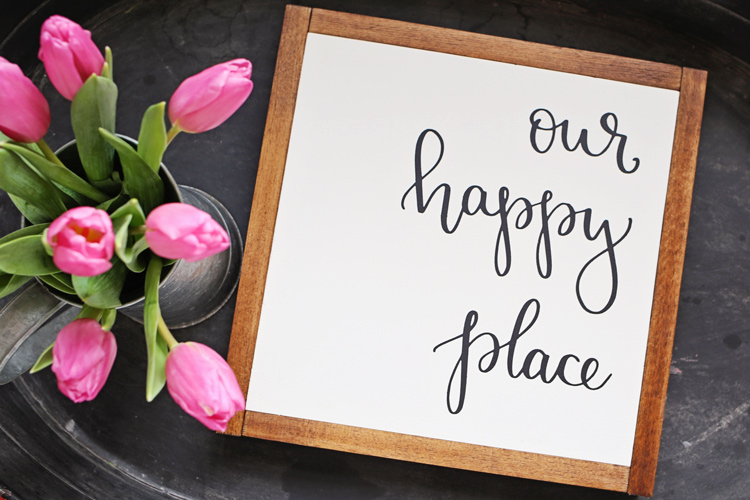 Our Happy Place DIY Wood Sign with pink tulips on black tray 