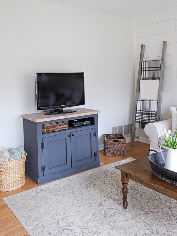 DIY Gray TV stand and TV in living room makeover
