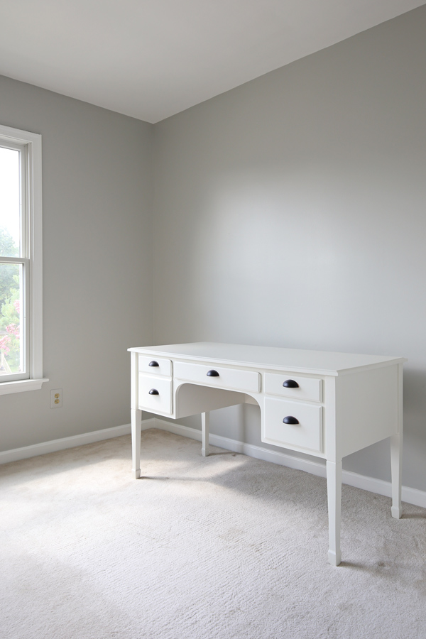 Office Makeover Progress with Gray painted walls and white painted desk