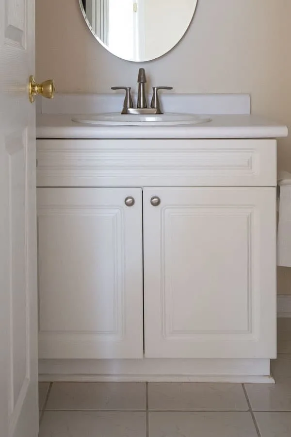 How To Paint A Bathroom Vanity Angela, How To Paint Bathroom Cabinets White Without Sanding