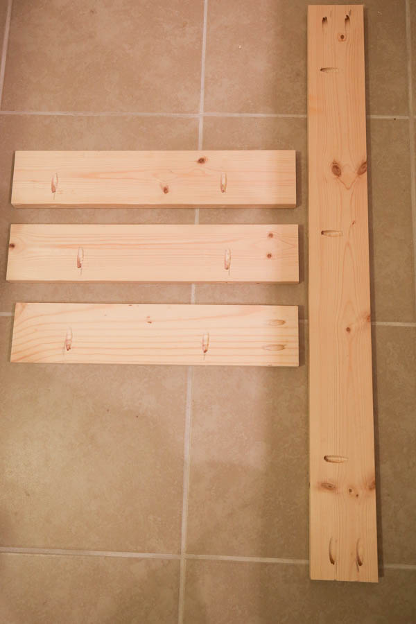 Wood boards with pocket holes ready for makeeup vanity assembly