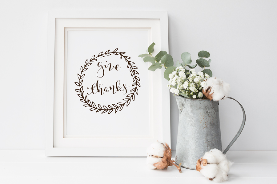 Give Thanks Free Thanksgiving Printable in a picture frame with a pitcher of cotton and greenery