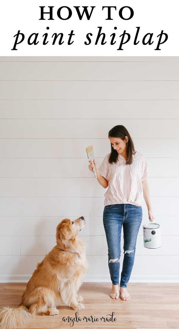 how to paint shiplap with white shiplap wall and woman with paint brush and paint can