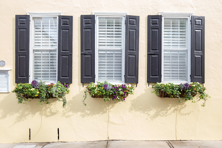 three windows with window boxes