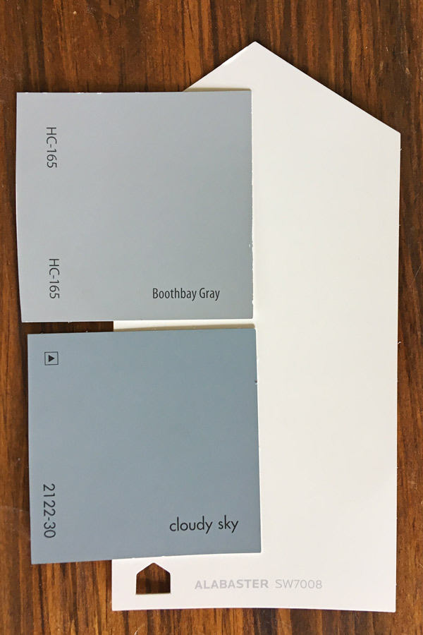 Boothbay Gray and Cloudy Skies benjamin moore paint swatches