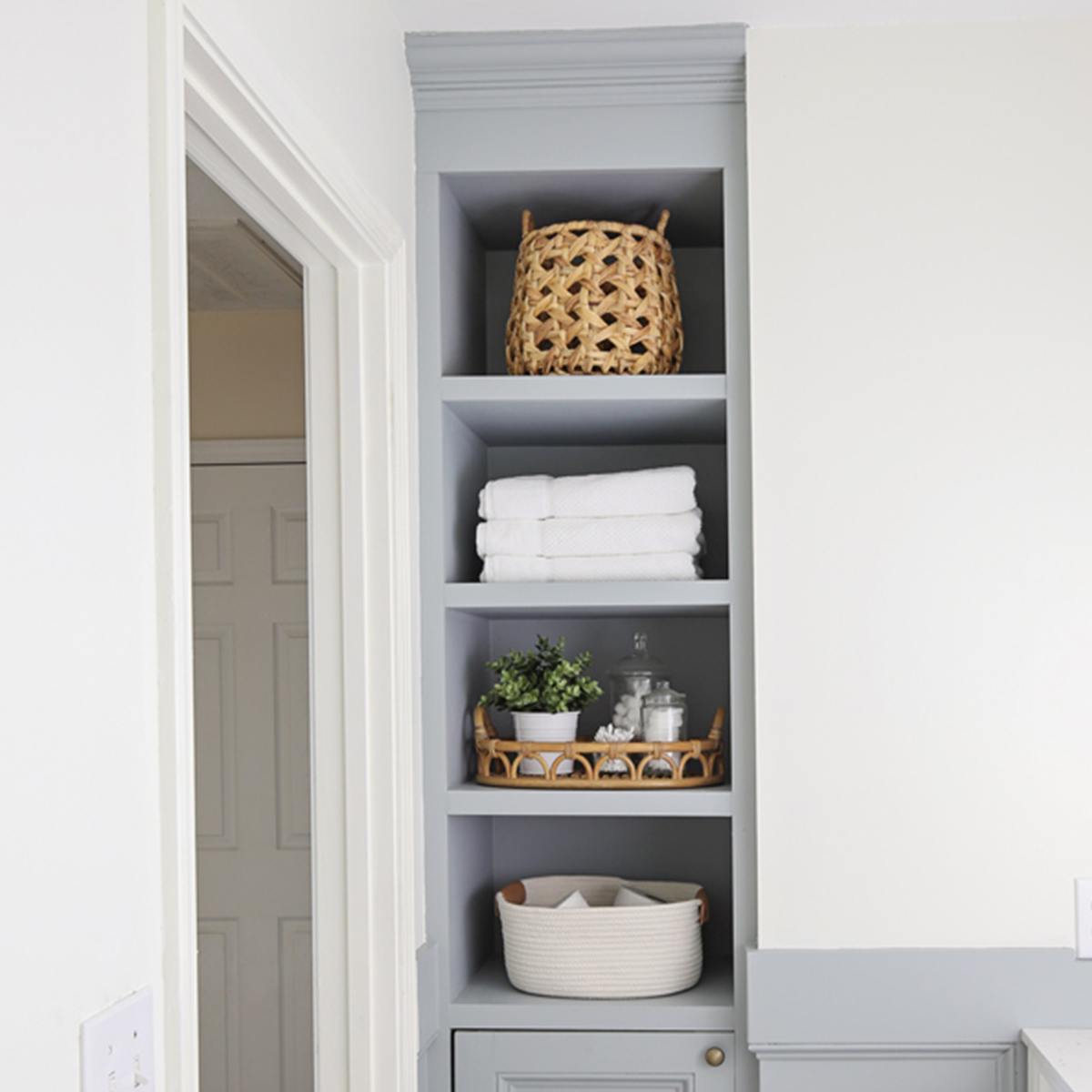 DIY Built In Bathroom Shelves and Cabinet