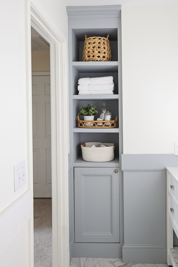 DIY Built In Bathroom Shelves and Cabinet