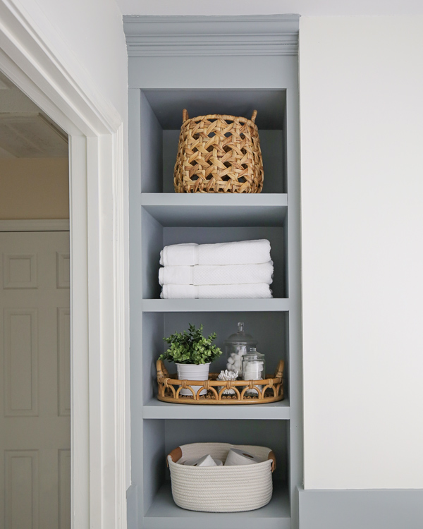 Built in bathroom shelves for small bathroom storage solution