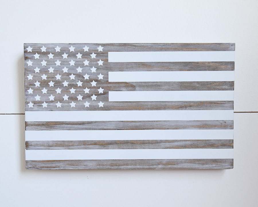 DIY Wooden American Flag Sign on shiplap backgroung
