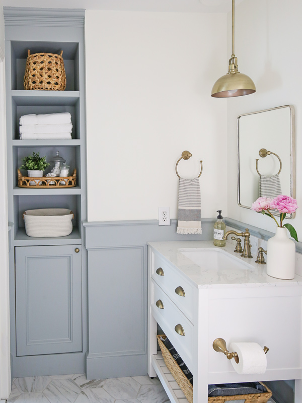 DIY Built In Bathroom Shelves and Cabinet - Angela Marie Made