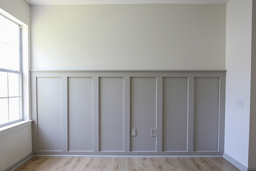 Grey and white painted DIY board and batten accent wall