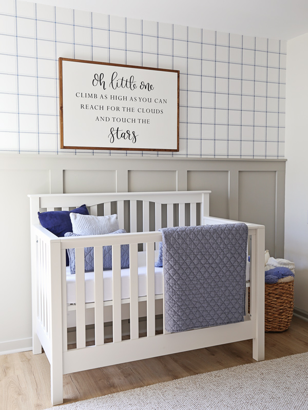 Blue and Gray Nursery with nursery accent wall using board and batten and wallpaper