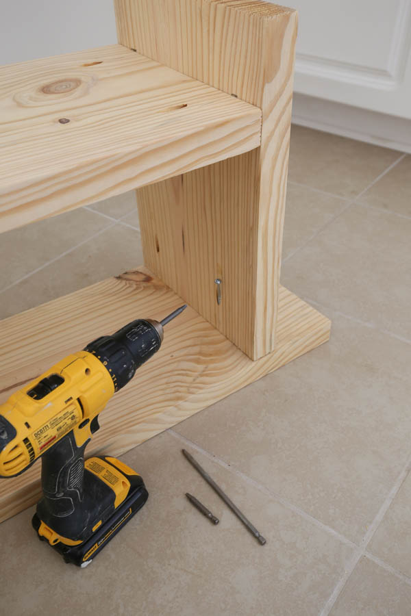 use drill and kreg screws to attach bench sides to bench top