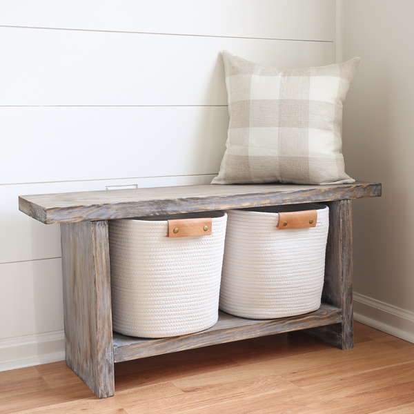 DIY bench with shiplap painted simply white by Benjamin Moore in living room