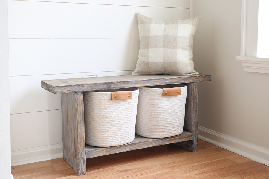 DIY entryway bench with a weathered wood gray finish