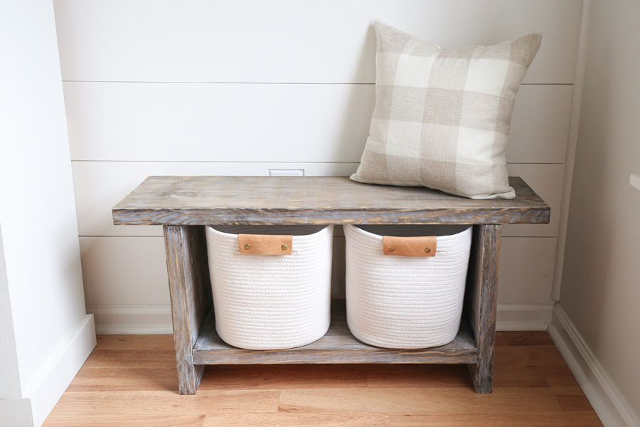 DIY Entryway bench with bench storage shelf and white baskets