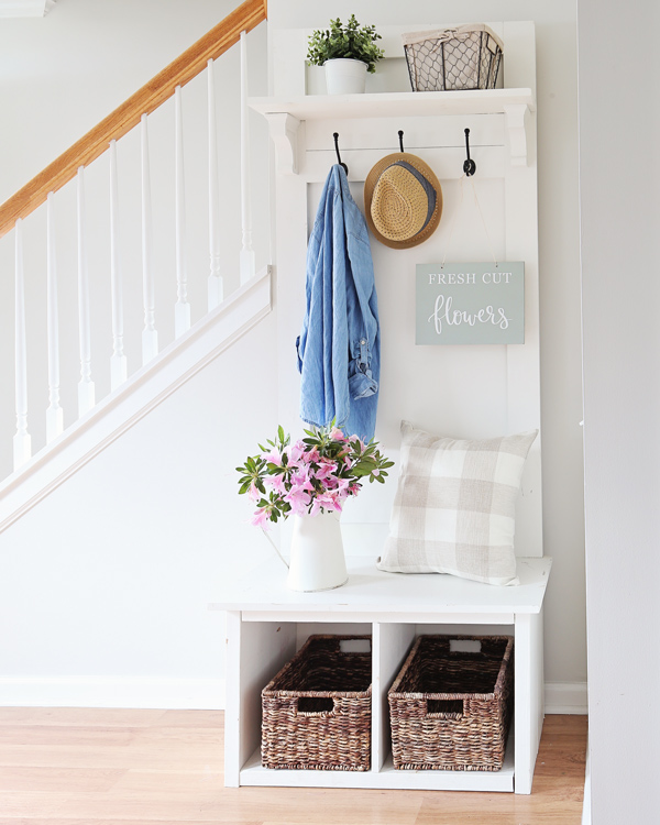 spring DIY wood sign on entryway hall tree