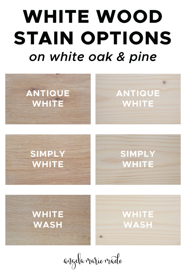 white wood stain options shown on white oak and pine wood samples