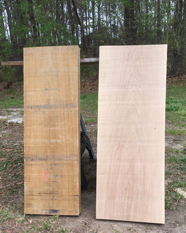 white oak boards before and after sanding to use for kitchen floating shelves