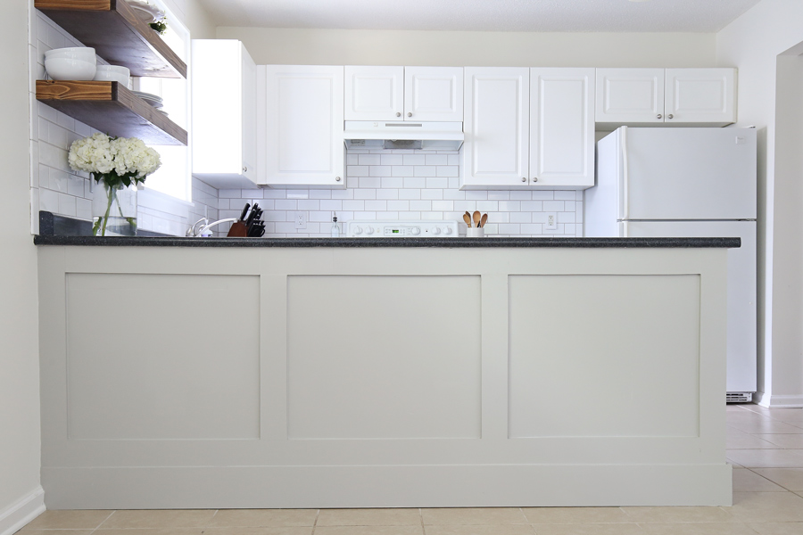 board and batten kitchen island makeover with gray painted island