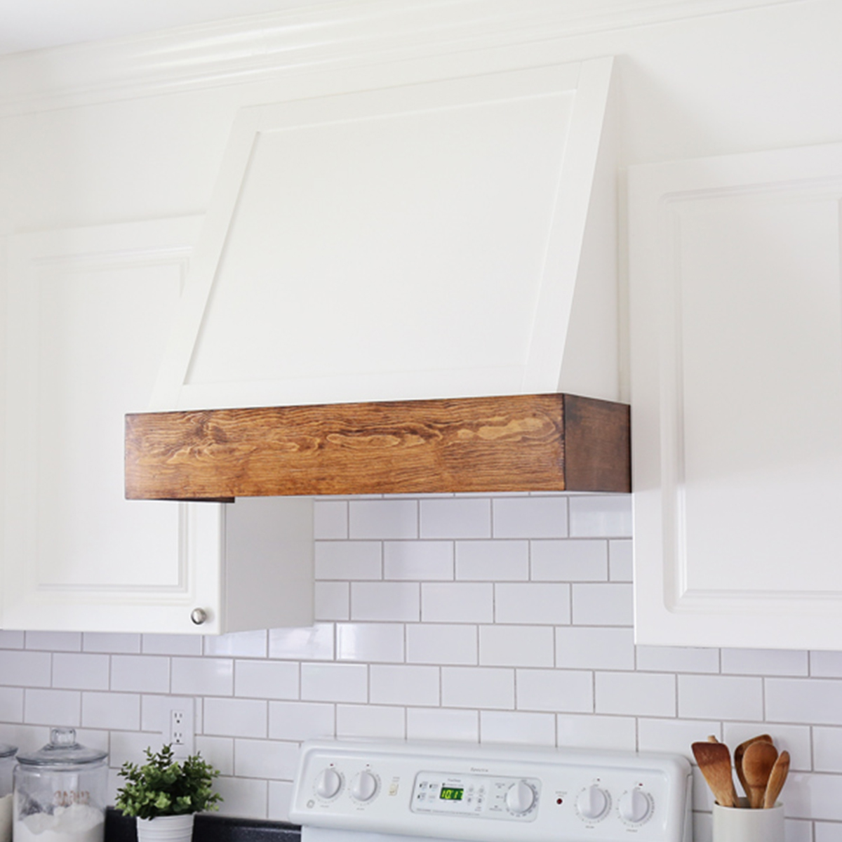 DIY Range Hood Cover with stained wood and white paint