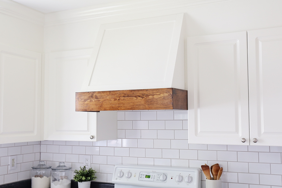 DIY Range Hood Cover with stained wood and white paint