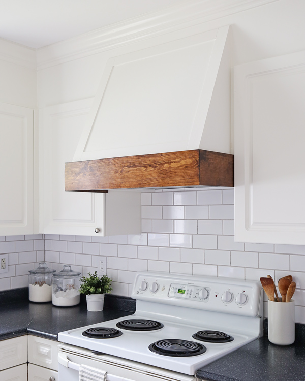 DIY Range Hood Cover with stained wood and white paint