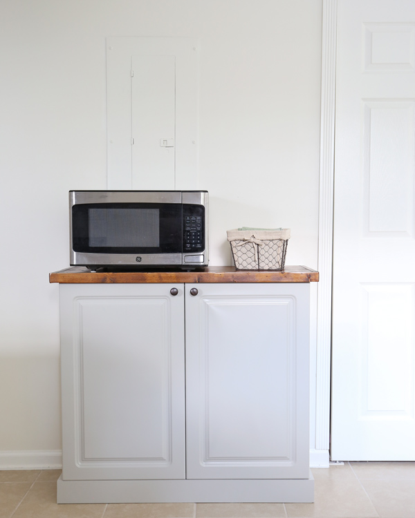 DIY built in kitchen cabinet with DIY wood countertop and microwav