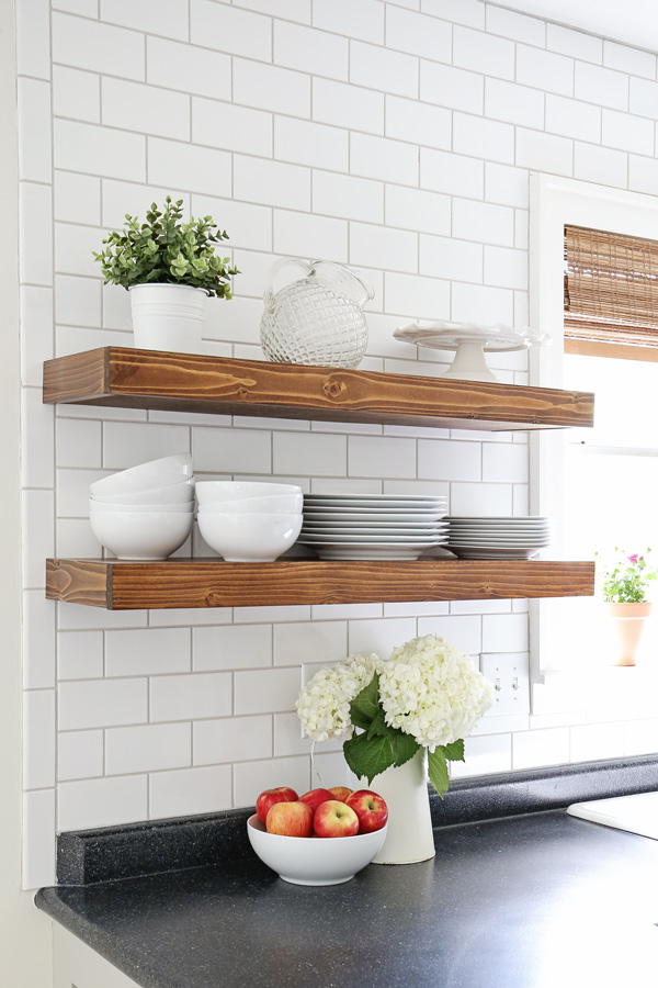 wood kitchen floating shelves with subway tile