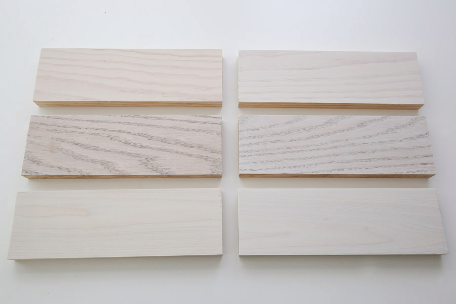 one and two coats of whitewash paint on wood board samples