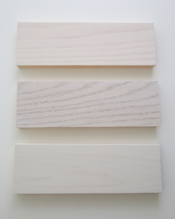 two coats of whitewash paint on pine, oak, and poplar