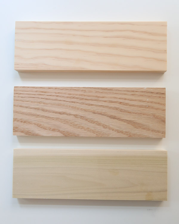 unfinished pine, oak, and poplar before applying whitewash