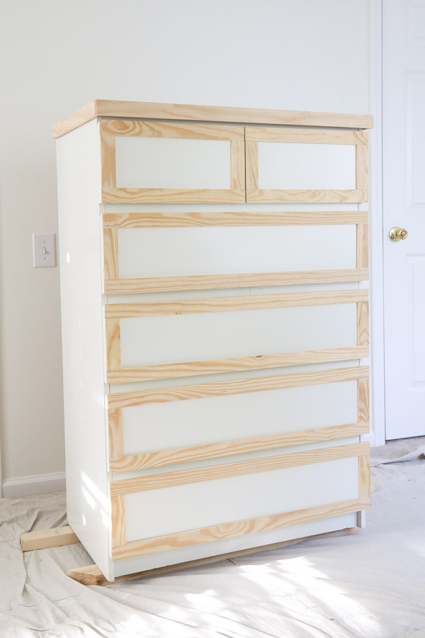 trim added to ikea malm dresser hack before paint