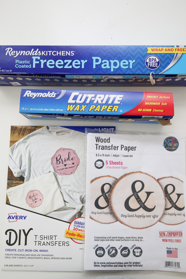 different methods tested to print on wood with freezer paper, wax paper, and printable heat transfer paper