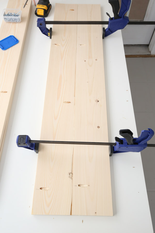 attach desk top boards together one at a time with kreg screws and clamps