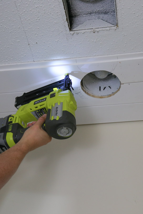 installing shiplap on ceiling with brad nailer