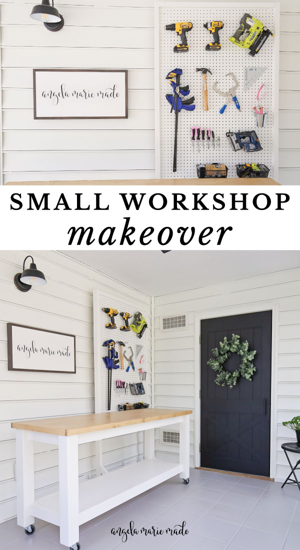 DIY workbench and DIY pegboard stand for tools in small workshop makeover