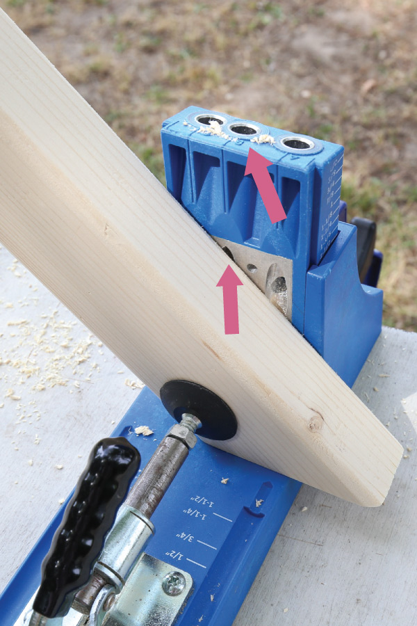 infographic with arrows showing hole B on Kreg Jig for drilling pocket hole on angled board