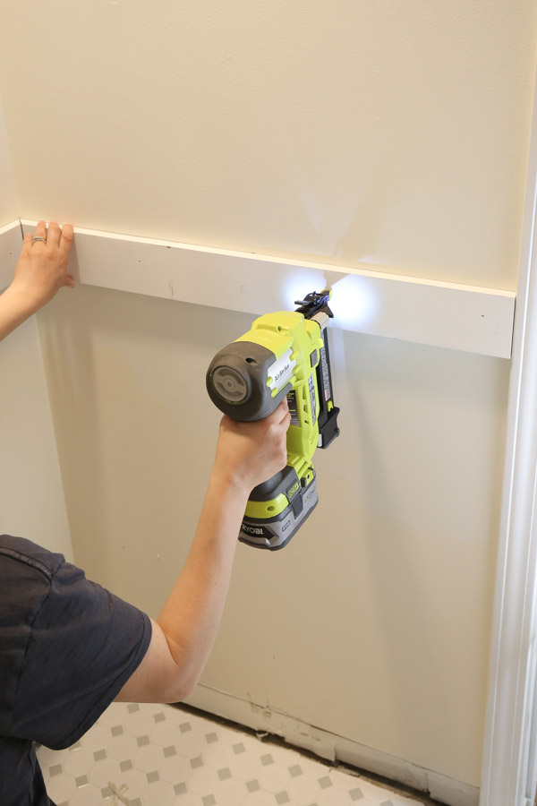 attach 1x4 wainscoting trim with brad nailer