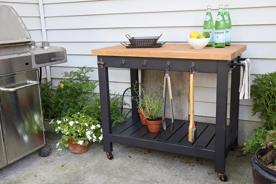 DIY grill cart next to grill
