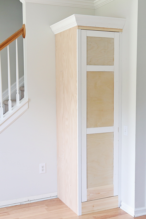 DIY built in cabinet with door before paint in wall corner