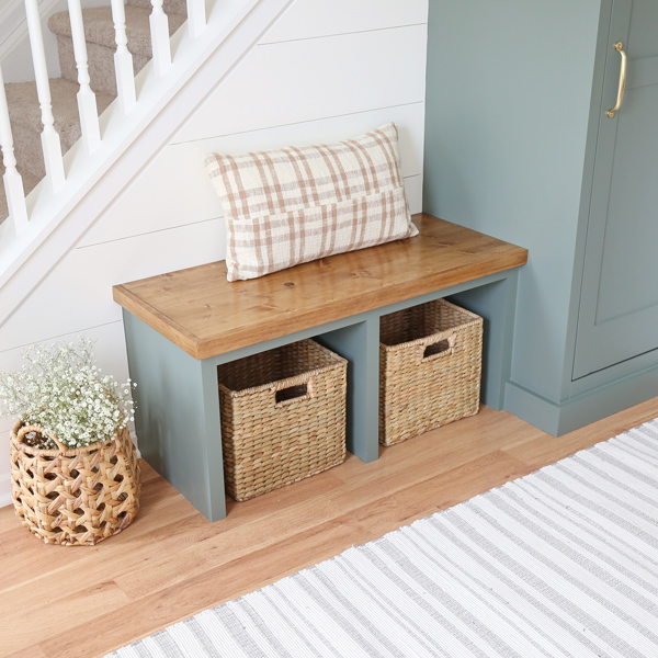 entryway diy built in bench with plaid pillow and baskets for entrway decor